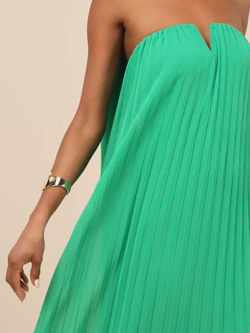 Lulu's Bright Green Strapless Pleated Maxi Dress with Neck Scarf - Picture 2 of 4